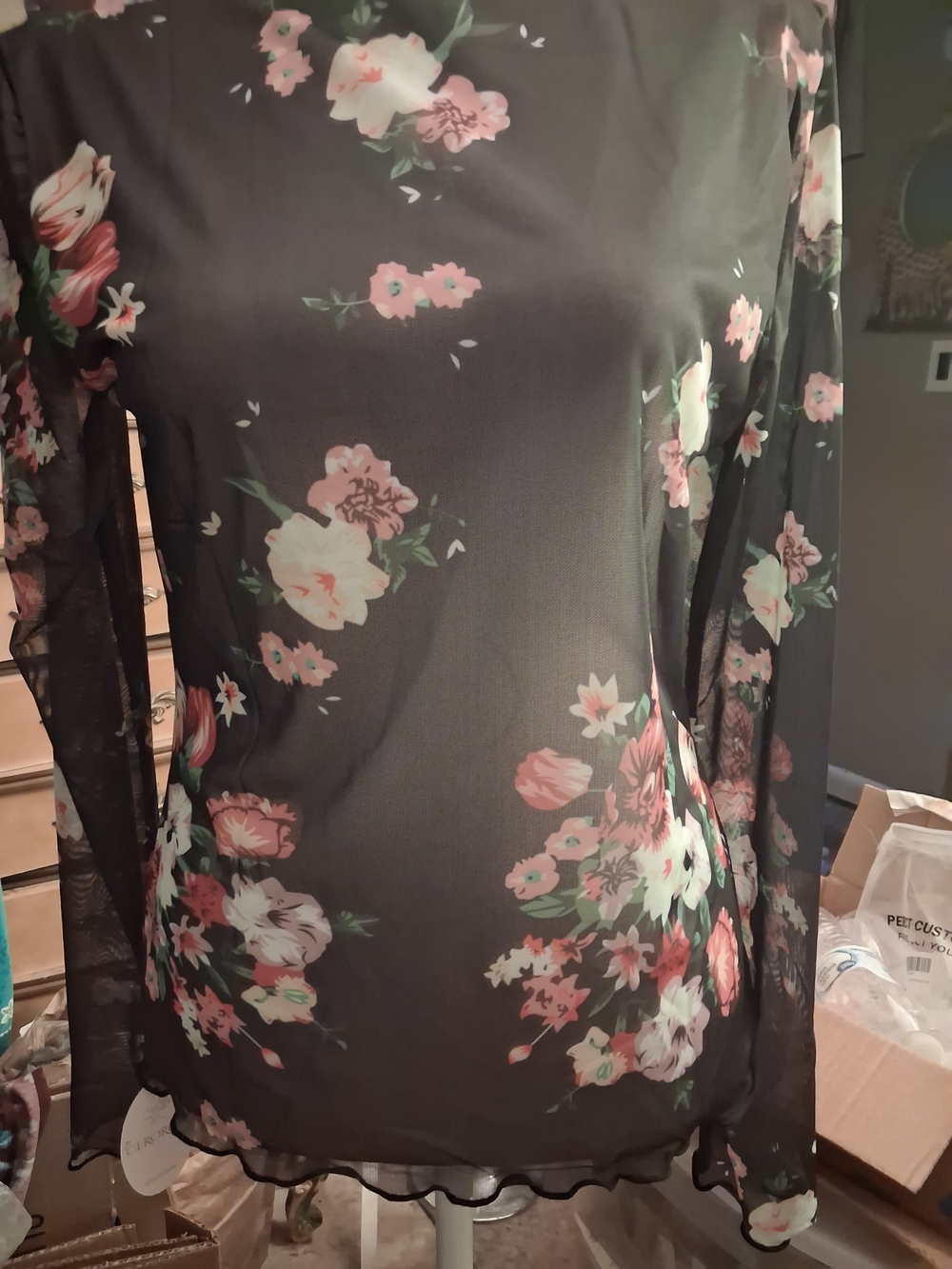 New,Tag, Floral Sheer Mesh Stretch Long Sleeve Top Black Pink Floral Size Med.